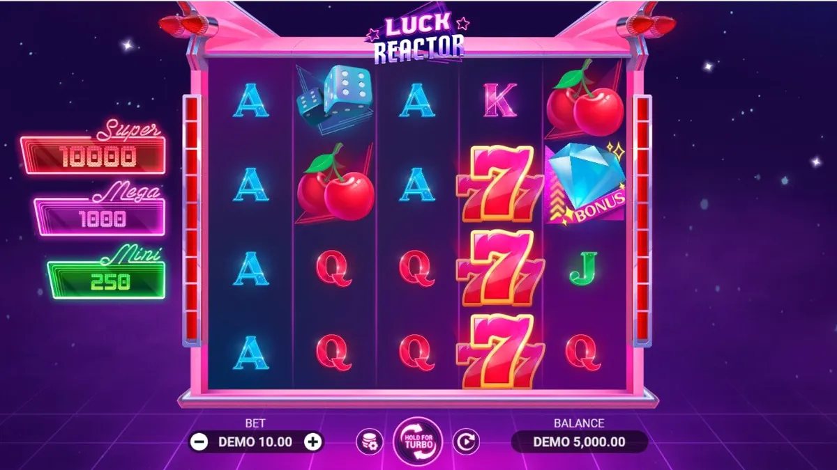 Interface futurista do jogo de slot Luck Reactor com elementos neon e símbolos clássicos.