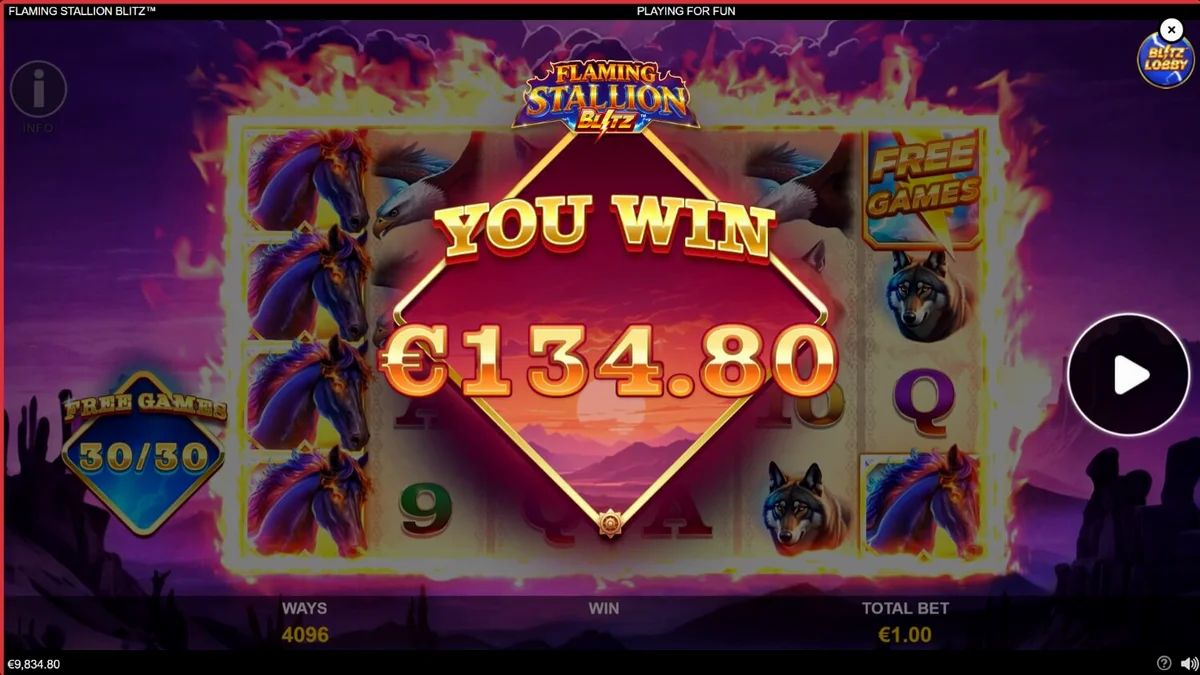 Flaming Stallion Blitz slot game interface featuring a glowing blue stallion