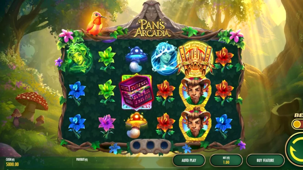 Imagem do jogo Pan's Arcadia, com o deus Pan tocando sua flauta em uma floresta mística, cercado por símbolos de bônus e elementos da natureza.