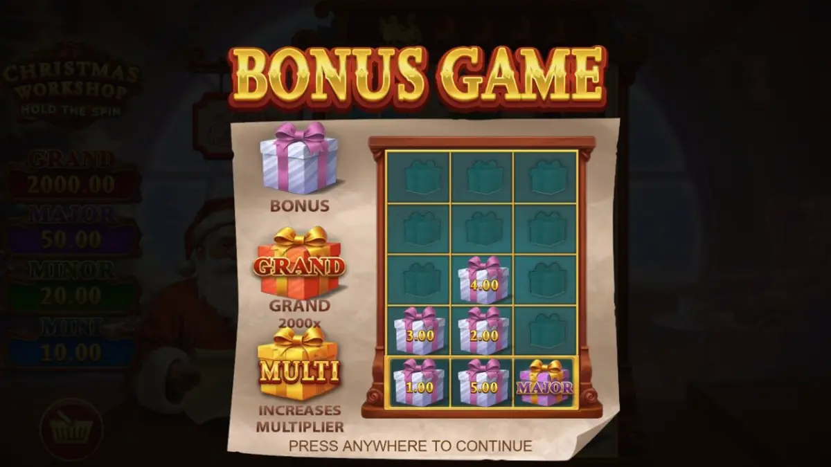 Tela de jogo do slot Christmas Workshop: Hold The Spin com elementos festivos
