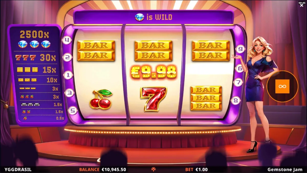 Interface do slot Gemstone Jam com tema de show de TV