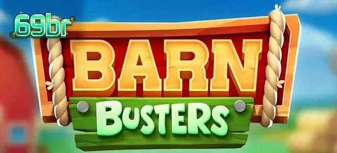 Cenário rural estilizado com elementos de construção e personagens de ovelhas em Barn Busters